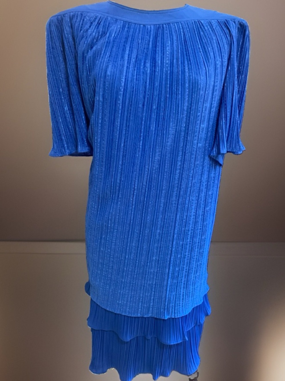 Vintage Blue Dress Tiered Satin Shimmer Women's Size 20 1/2 Micro Pleated.